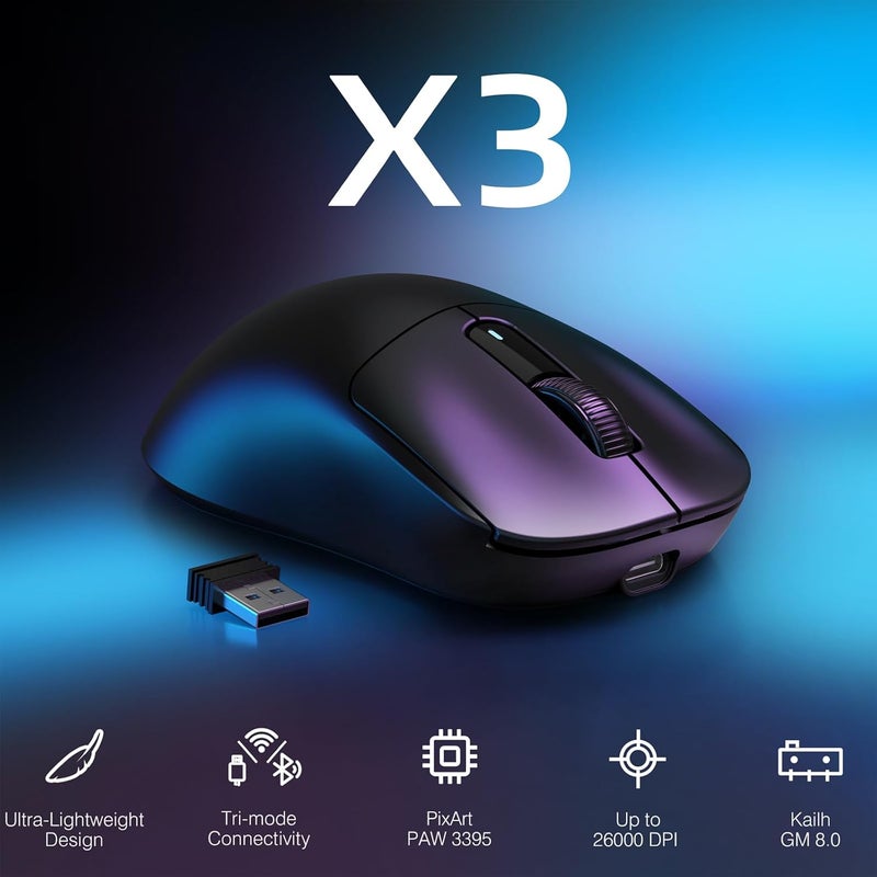 MANBASNAKE ATTACK SHARK X3 Wireless Gaming Mouse, 49g Ergonomic Computer Mouse, Triple Modes PAW3395 26K DPI Optical Sensor, 200h Battery Life, Programmable Buttons, Gaming Accessories for PC/Laptop/Mac (Black) - Image 2